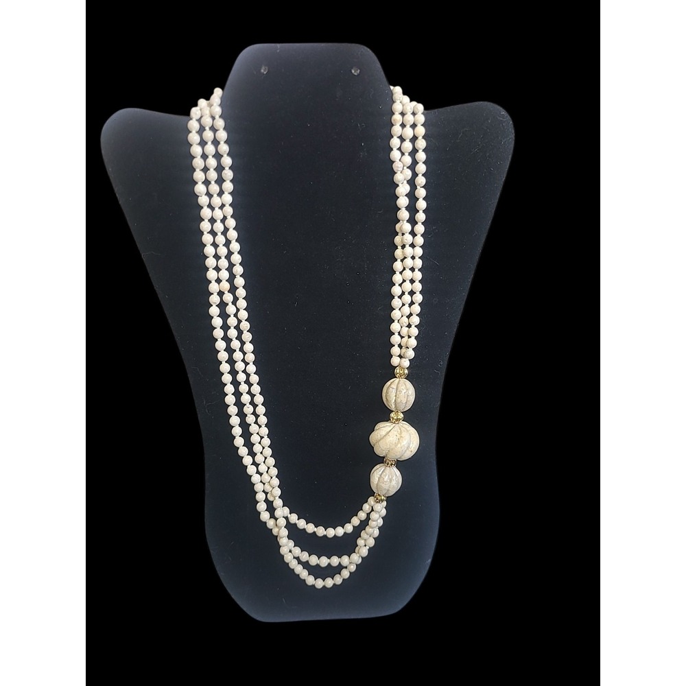 Hand Knotted Milky Quartz Bead Necklace White Stone‎ Multi Strand Layered 26"